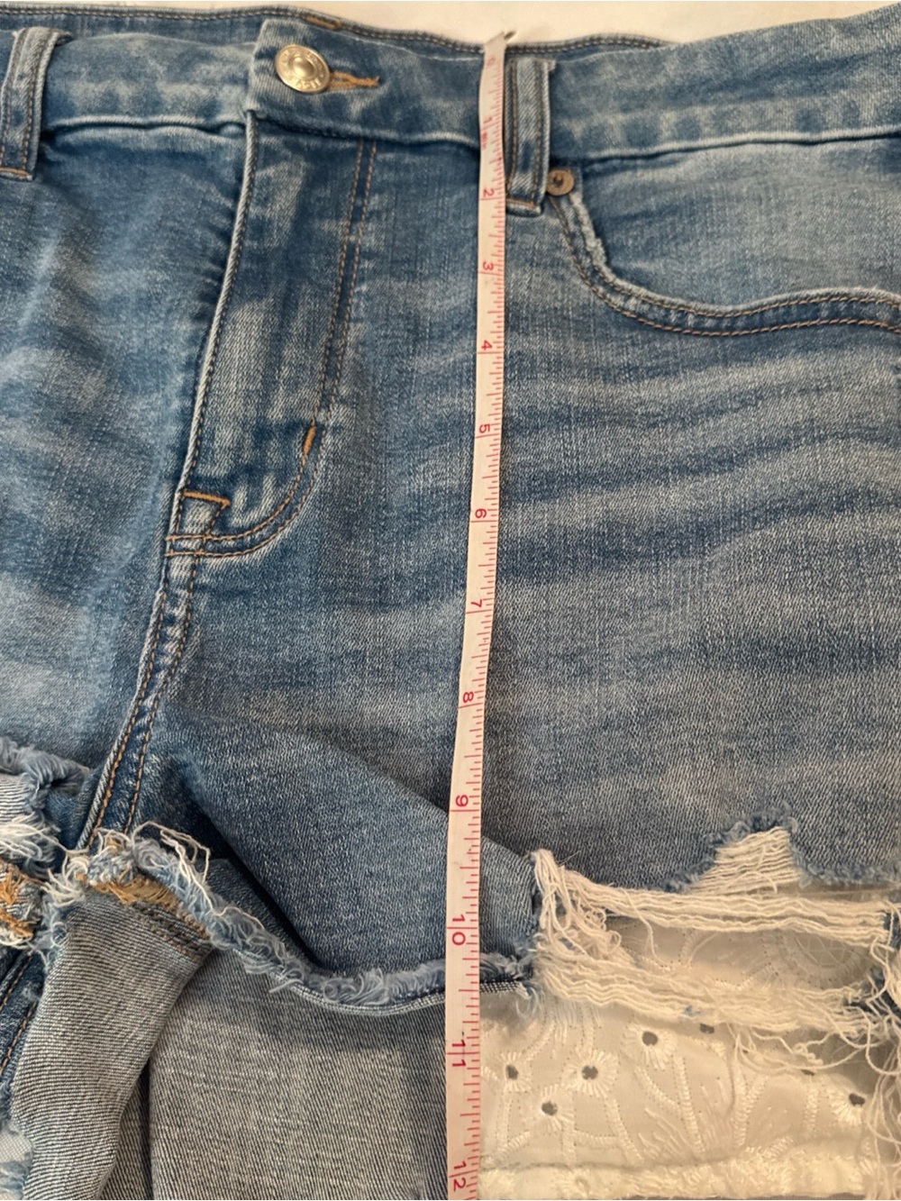 American Eagle Outfitters Light Blue Distressed Denim Shorts with White Lace - Picture 9 of 12